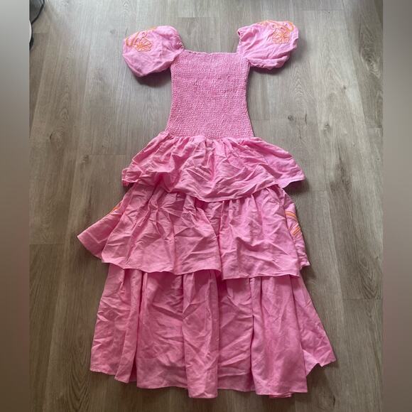 SIGNIFICANT OTHER seren barbie pink puff sleeve smoked linen maxi dress small - Picture 2 of 3